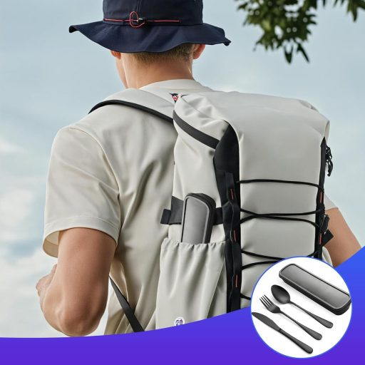 Horktrust 4 részes rozsdamentes utazó evőeszköz szett táskával, mosogatógépben mosható kempingezéshez