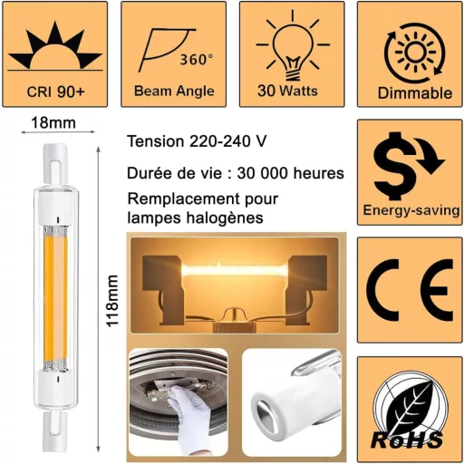 Aseoacc R7S LED 118mm 30W dimmelhető meleg fehér 3000K 3000lm COB 360°