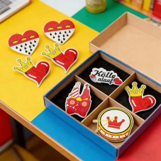 Sada 10 karnevalových odznakov Kazunark, karnevalové gombíkové odznaky z Kolína nad Rýnom ku kostýmu