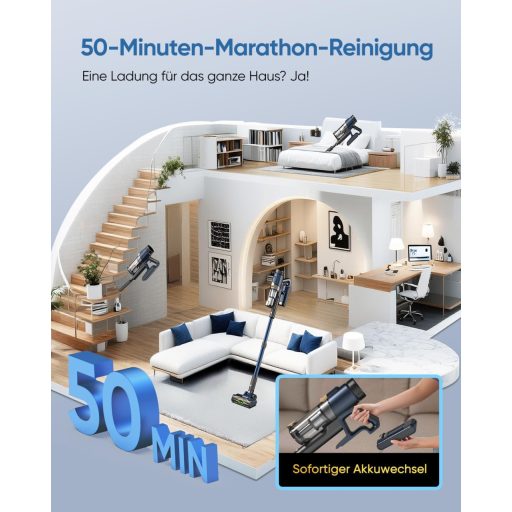 Vexilar Cordless Porszívó 50 kPa, 50 Perc Üzemidő, LED Kijelző, 6az1-ben Szőnyeg és Kemény Padló