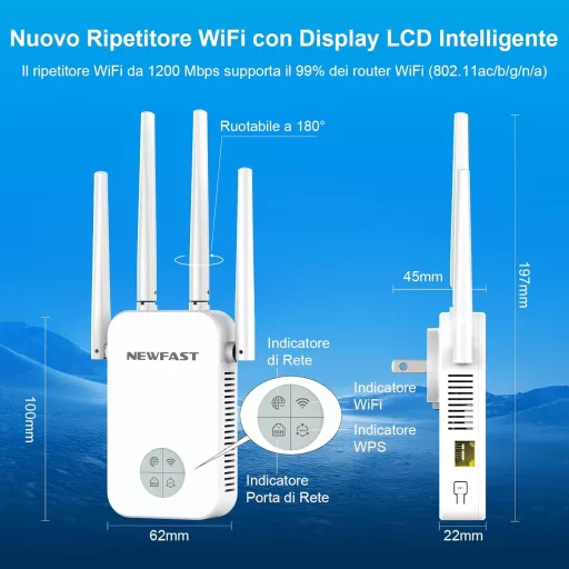 NEWFAST 1200Mbps WiFi erősítő, 2.4GHz/5GHz, 4 antenna, Ethernet, WPS