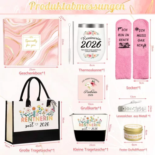 ZJKUBOIS Nyugdíj Ajándék Szett Nőknek - Rozsdamentes Boros Pohár, Vicces Zokni, Juta Táska - Pack of 8
