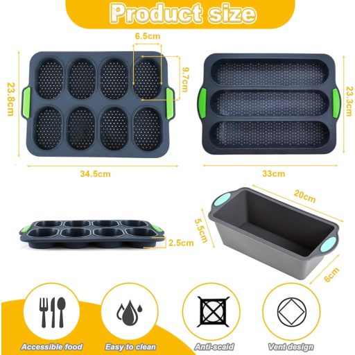 Hoadyush 3 részes bagett sütőforma szilikon kenyérsütéshez mosogatógépben biztonságos