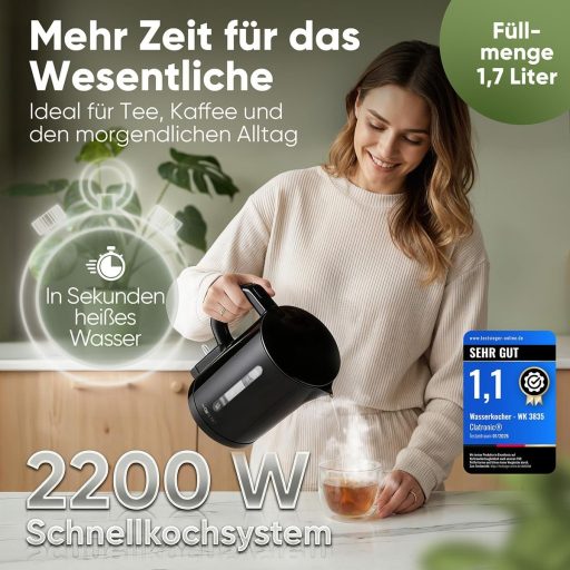 Clatronic WK 3835 1.7L Vízforraló 2200W Gyors Felmelegítés BPA Mentes Fekete