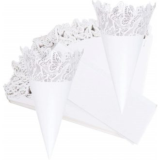   Biely papierový kornút s konfetami v tvare motýľov - svadobná sada 50 ks