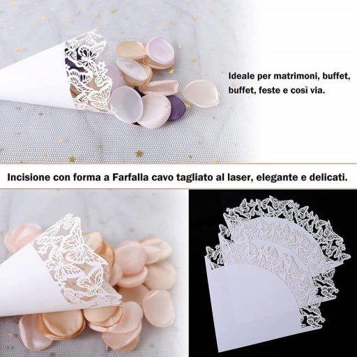 Kupci za konfete od bijelog papira s leptirima - set za vjenčanje, 50 komada